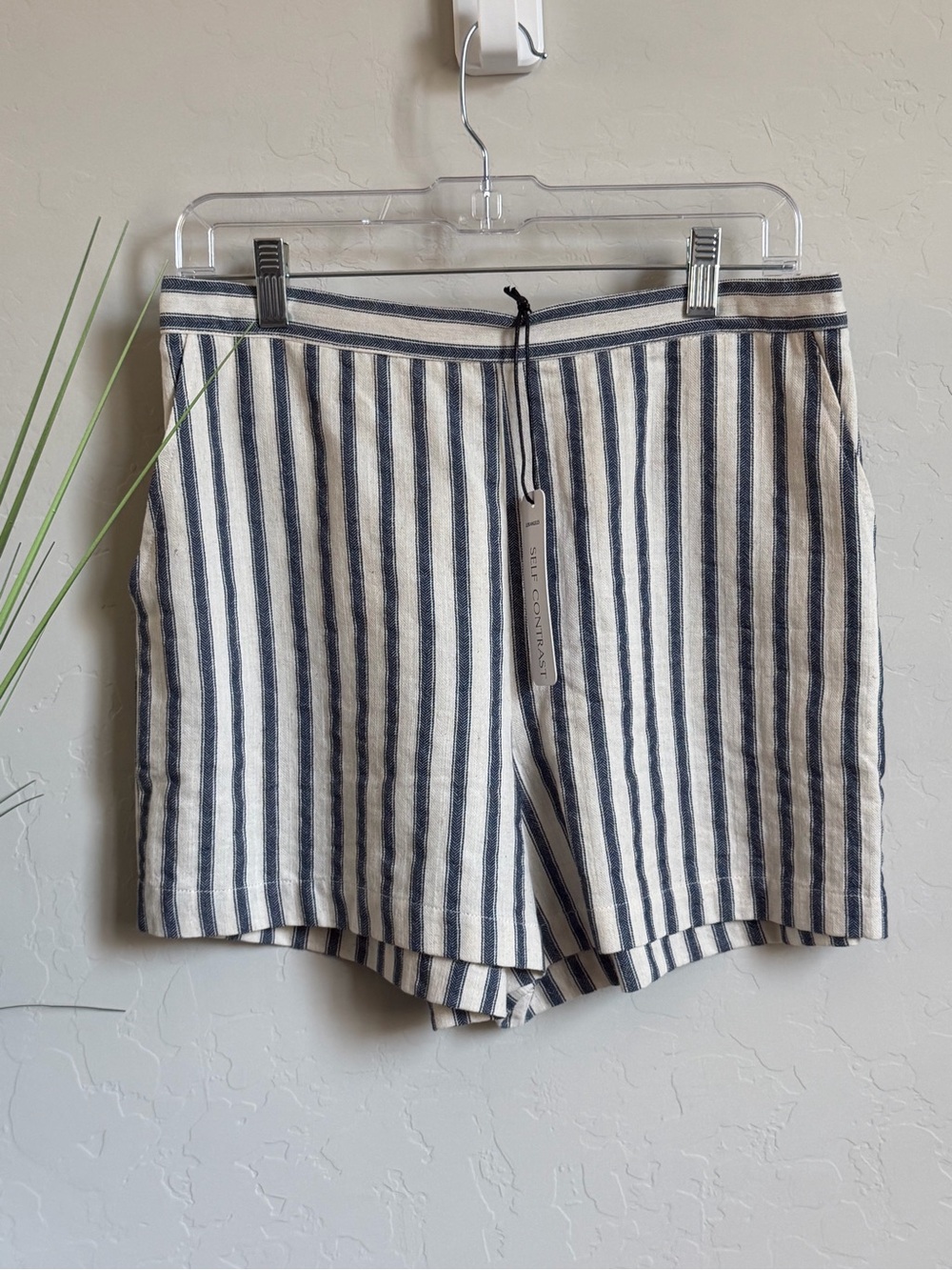 Self Contrast Blue Stripe Linen Blend Shorts NWT Medium Coastal Summer